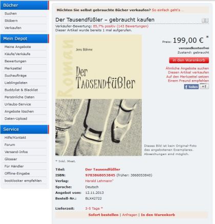 verkehrt ausgewiesenes Coverbild vom Roman Der Tausendfüßler beim Buchhändler Booklooker