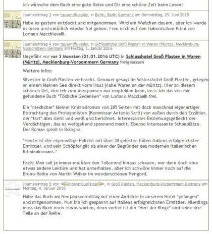 Bookcrossing Journaleinträge zu Tödliche Gedenken