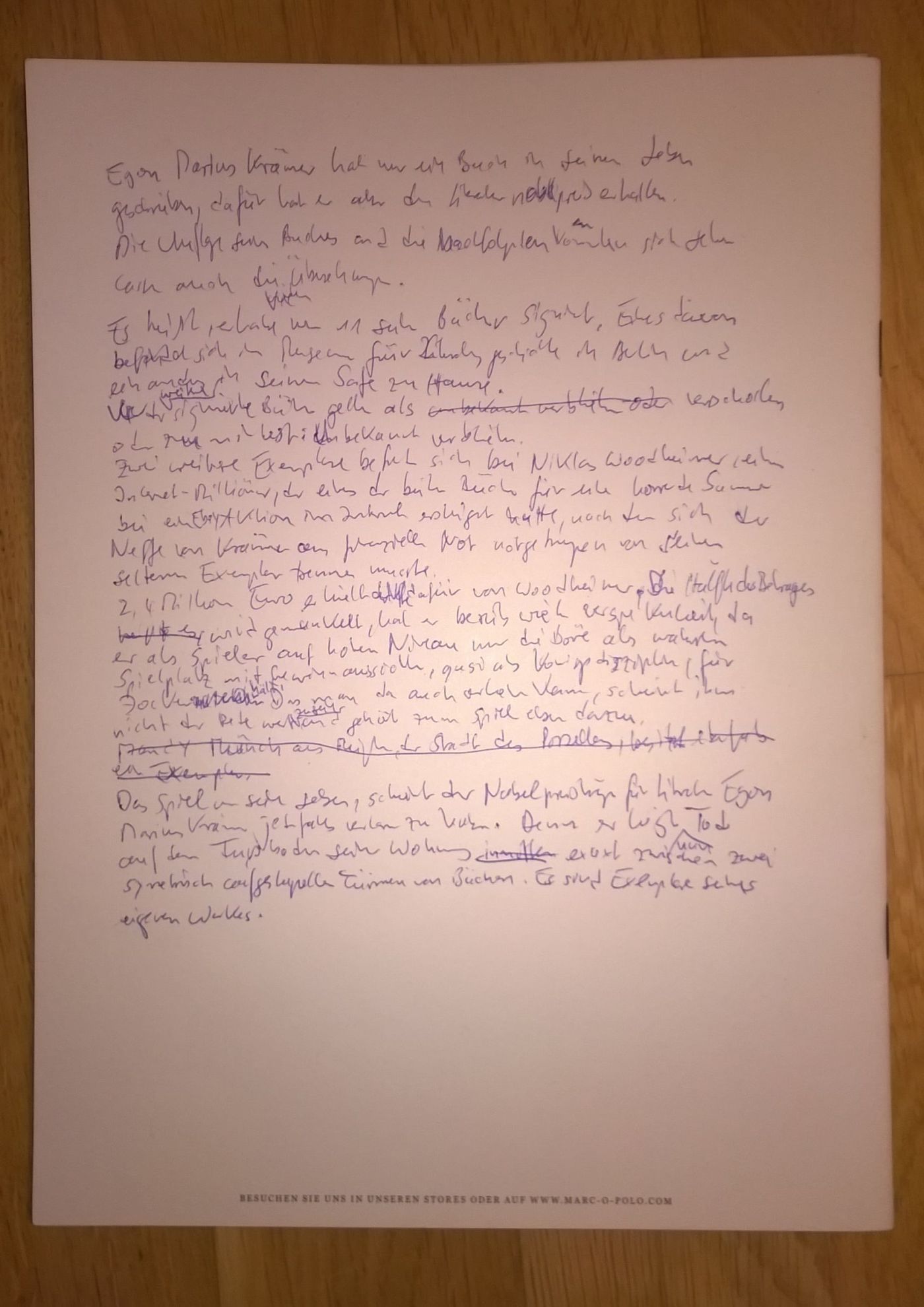 1. Seite handschriftlichen Krimi-Manuskript auf Rückseite einer Werbebroschüre